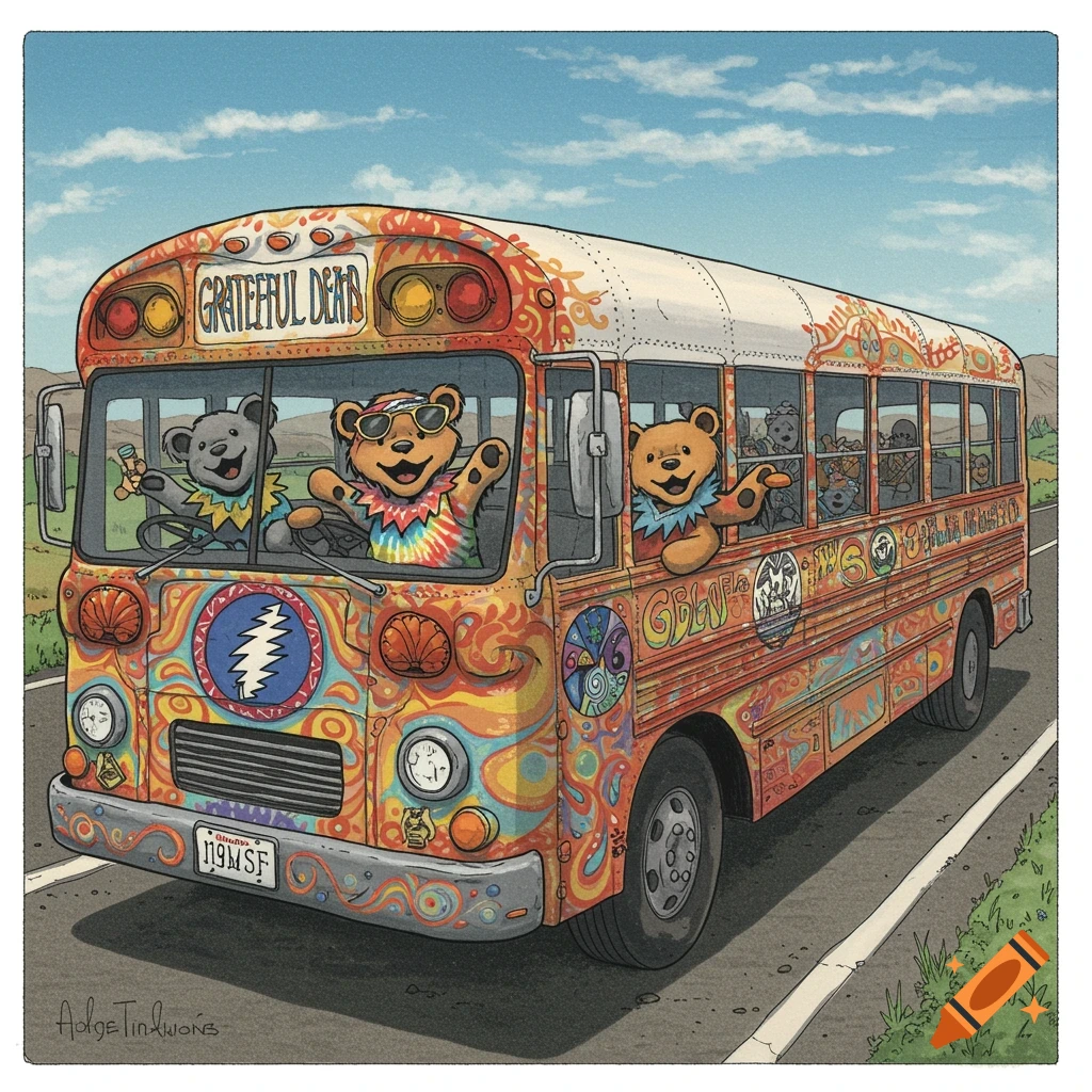Whimsical illustration of Grateful Dead dancing bears driving a psychedelic school bus.