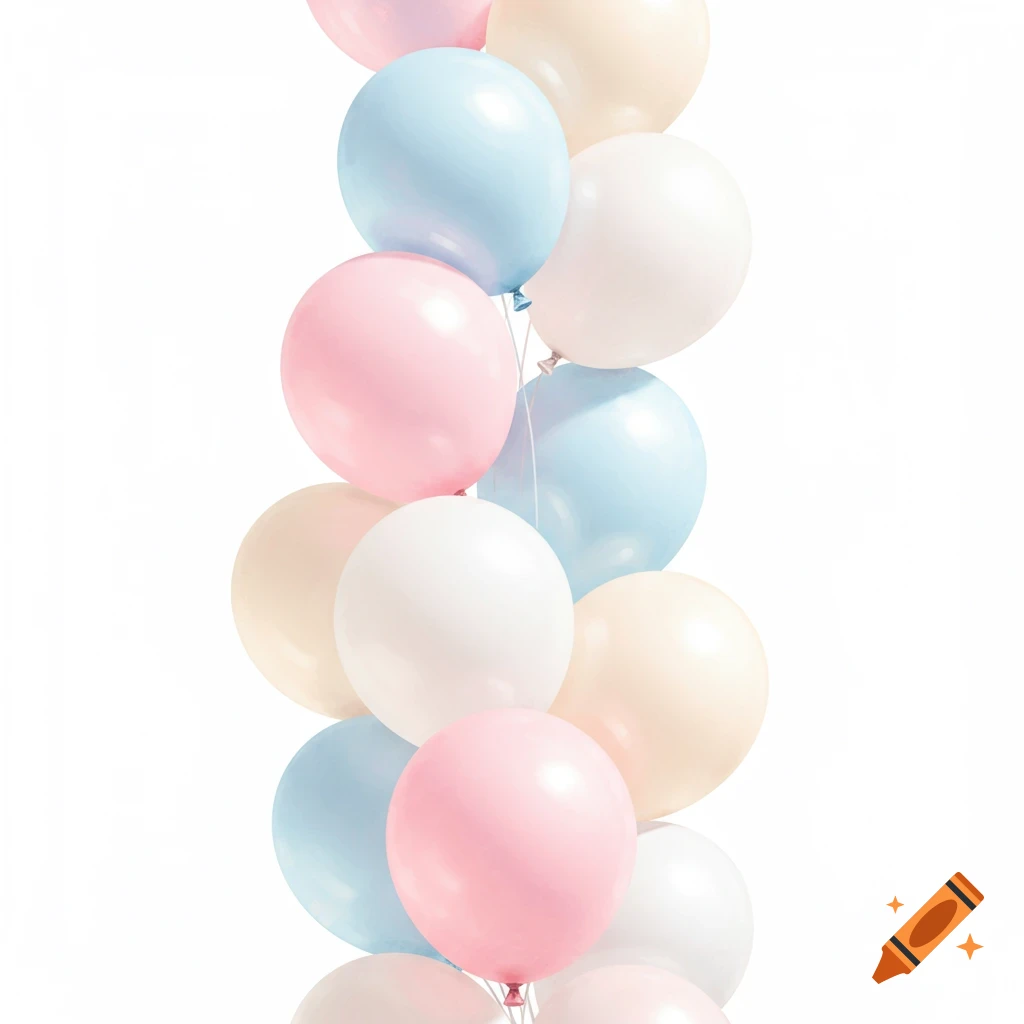 A cluster of pastel pink, blue, white, and beige balloons on a white background.