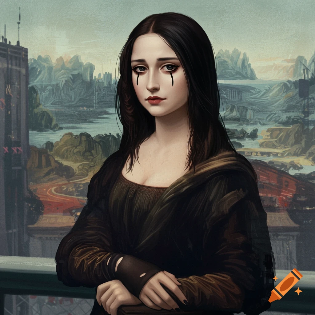 A portrait of a woman styled like the Mona Lisa with emo makeup and dark clothing, against a futuristic cityscape.