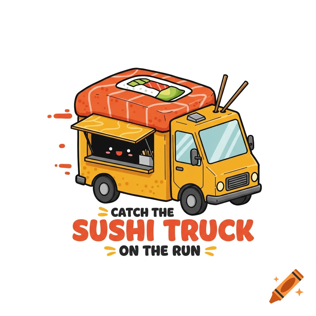 Cartoon logo of a yellow sushi food truck with text "Catch the Sushi Truck on the Run".