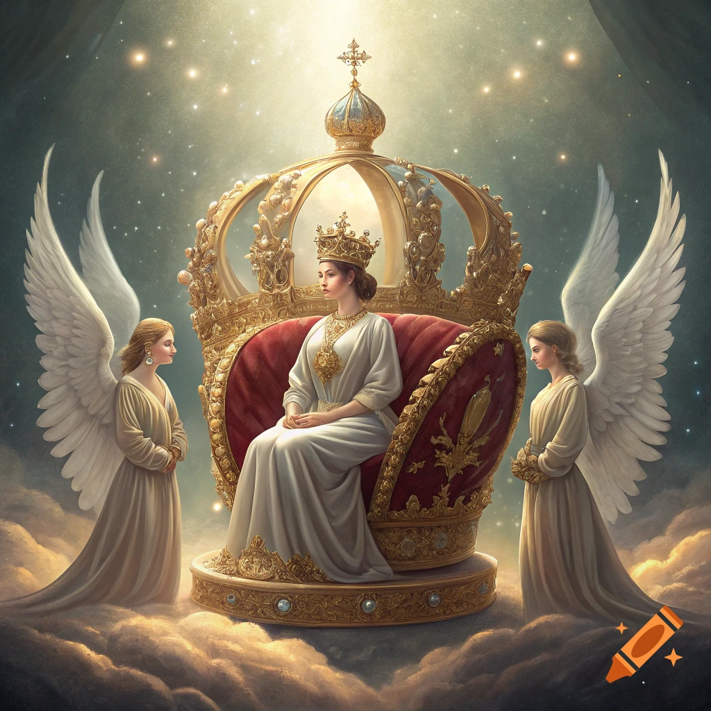 A queen sits on a large golden crown throne, flanked by two standing angels, in a starry sky with clouds.