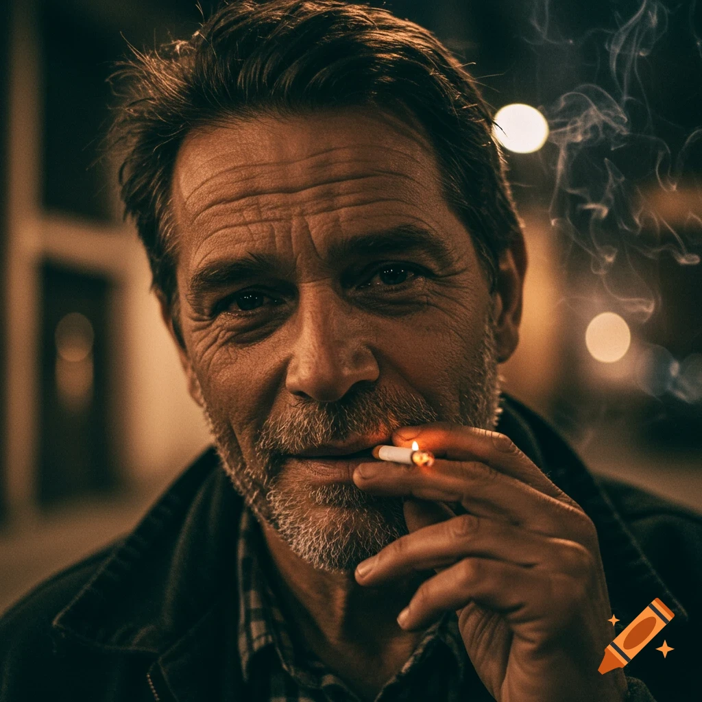 Close-up portrait of a man smoking a cigarette at night.