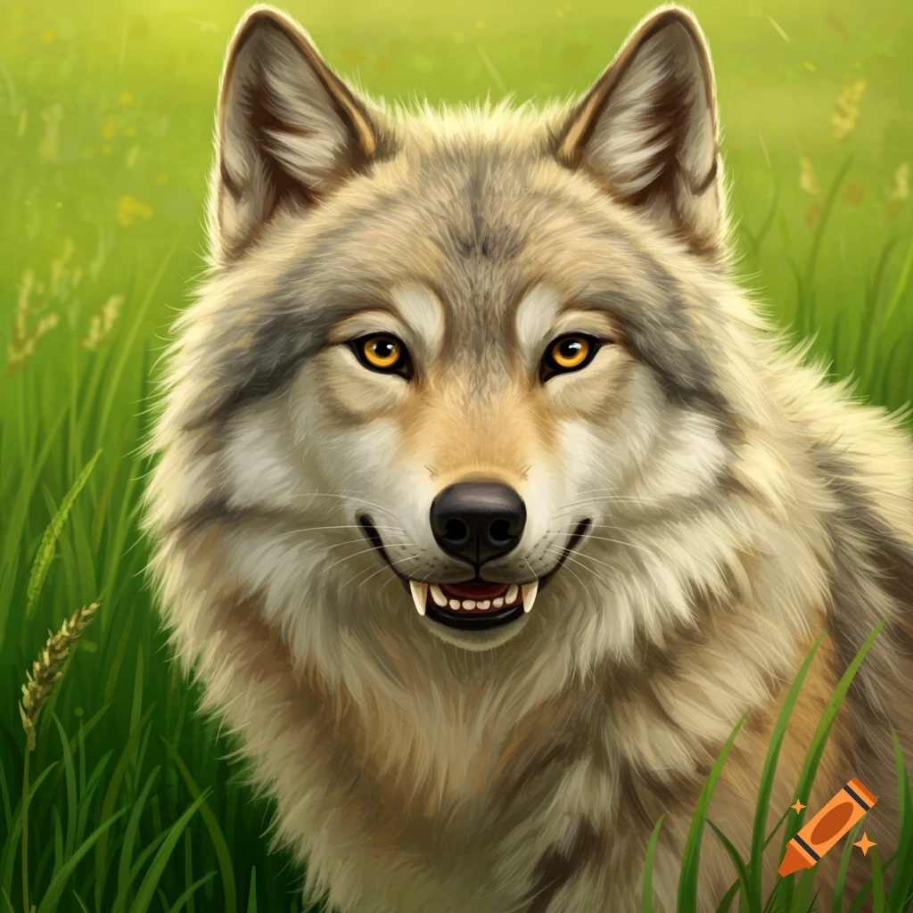 Close-up of a wolf's face with orange eyes and unique teeth in green grass.