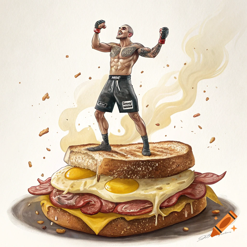 Cartoon illustration of a muscular fighter celebrating on top of a large breakfast sandwich.