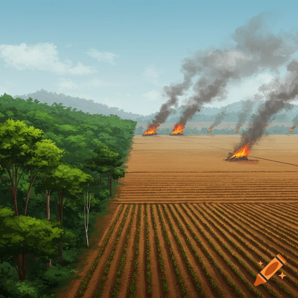 A landscape split between a forest and a field with fires and smoke.