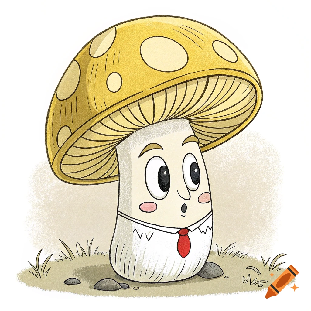 A cartoon mushroom character wearing a white shirt and red tie, standing in grass.