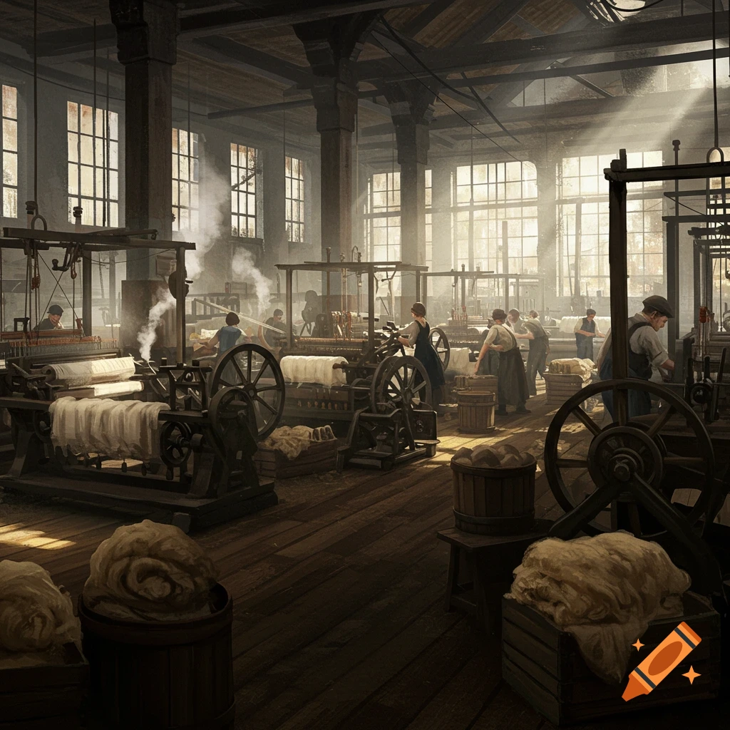 A busy textile mill during the industrial revolution with workers and machinery.