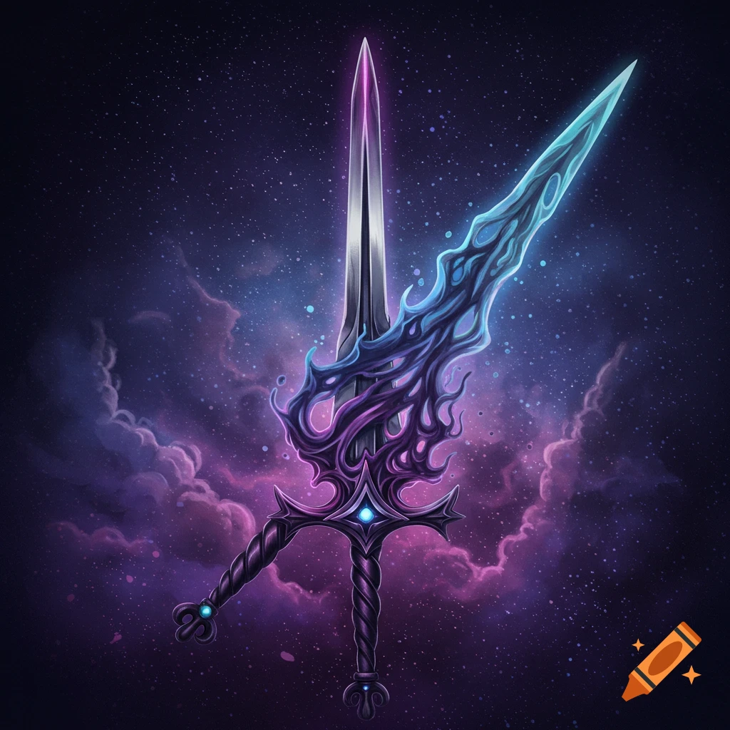A fantasy sword with purple and blue energy around its blade, set against a starry sky with pink clouds.