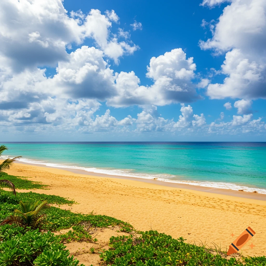 Photorealistic image of a tropical beach with turquoise water and a cloudy blue sky.