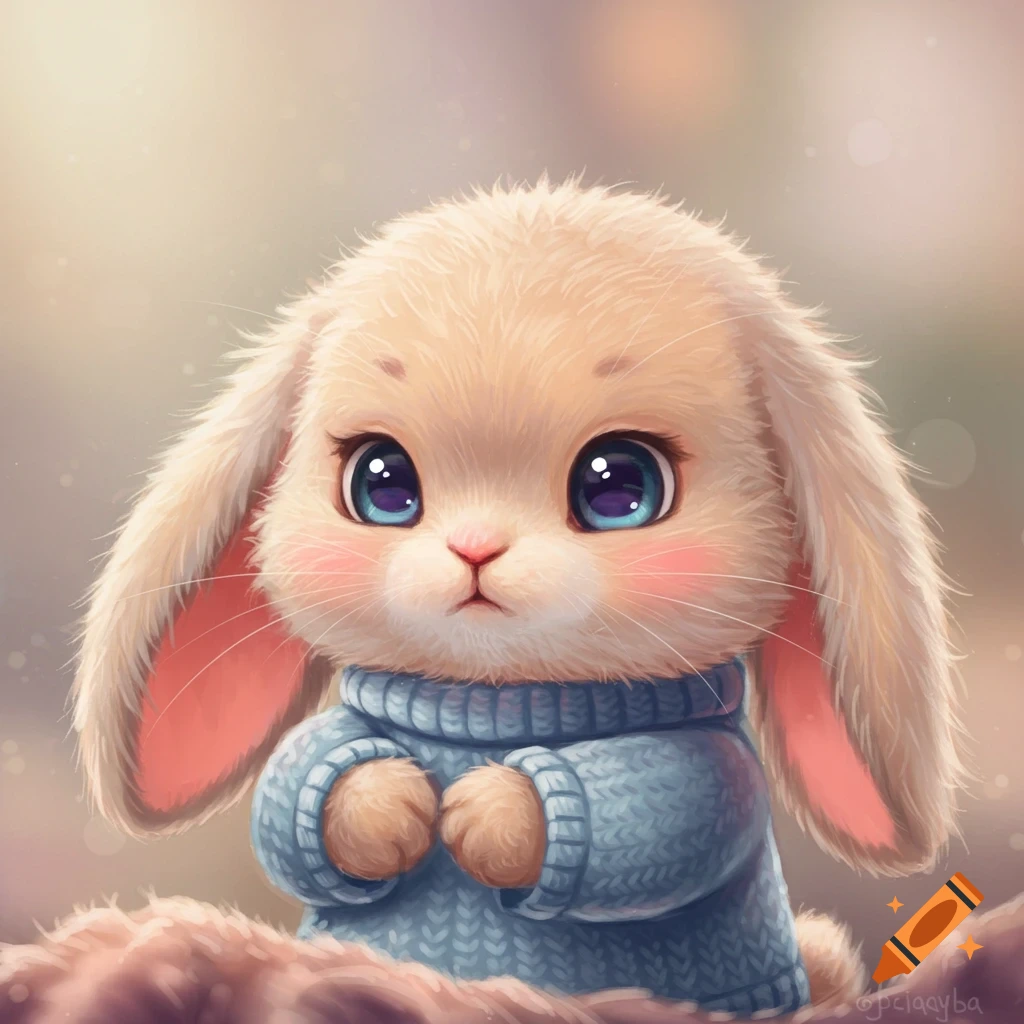 A cute, fluffy bunny with wide eyes wearing a blue sweater.