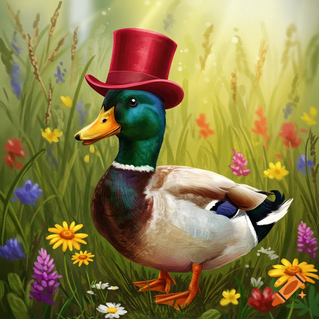 A mallard duck in a red top hat stands in a field of colorful flowers.