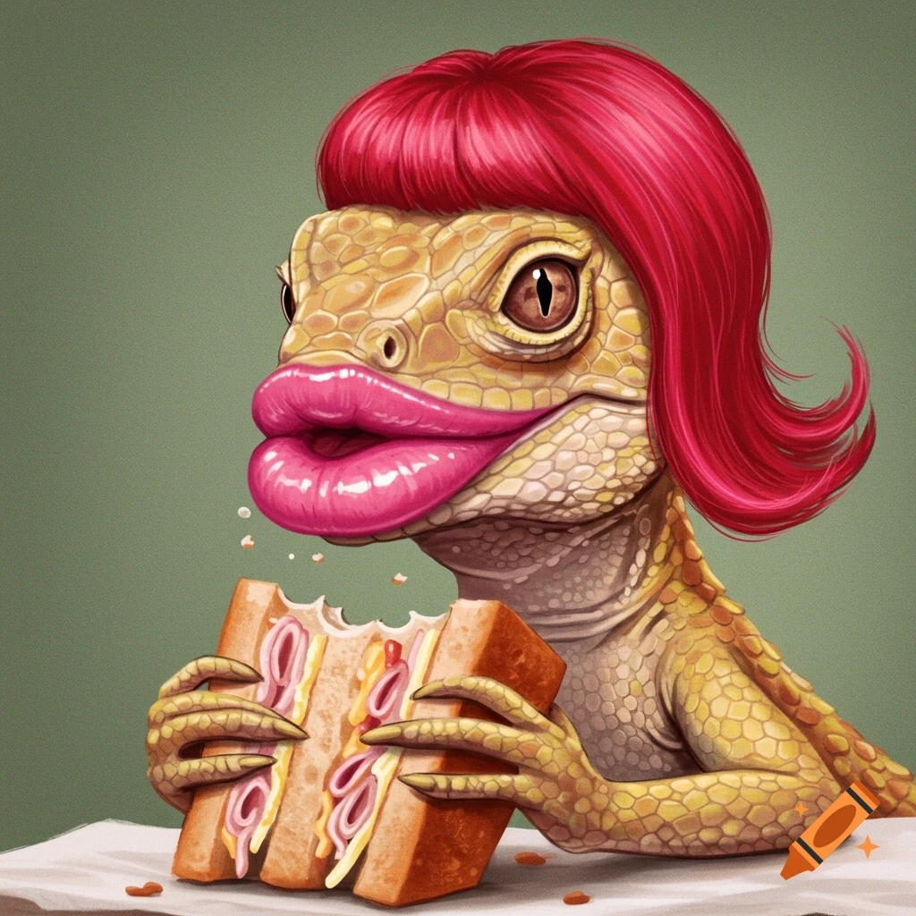 A lizard with big pink lips and red hair eating a sandwich