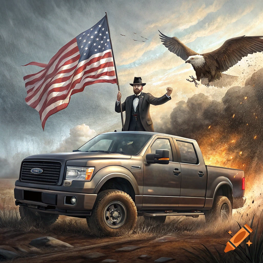 A man resembling Abraham Lincoln holds the American flag atop a pickup truck, with a bald eagle flying overhead in a dramatic scene.