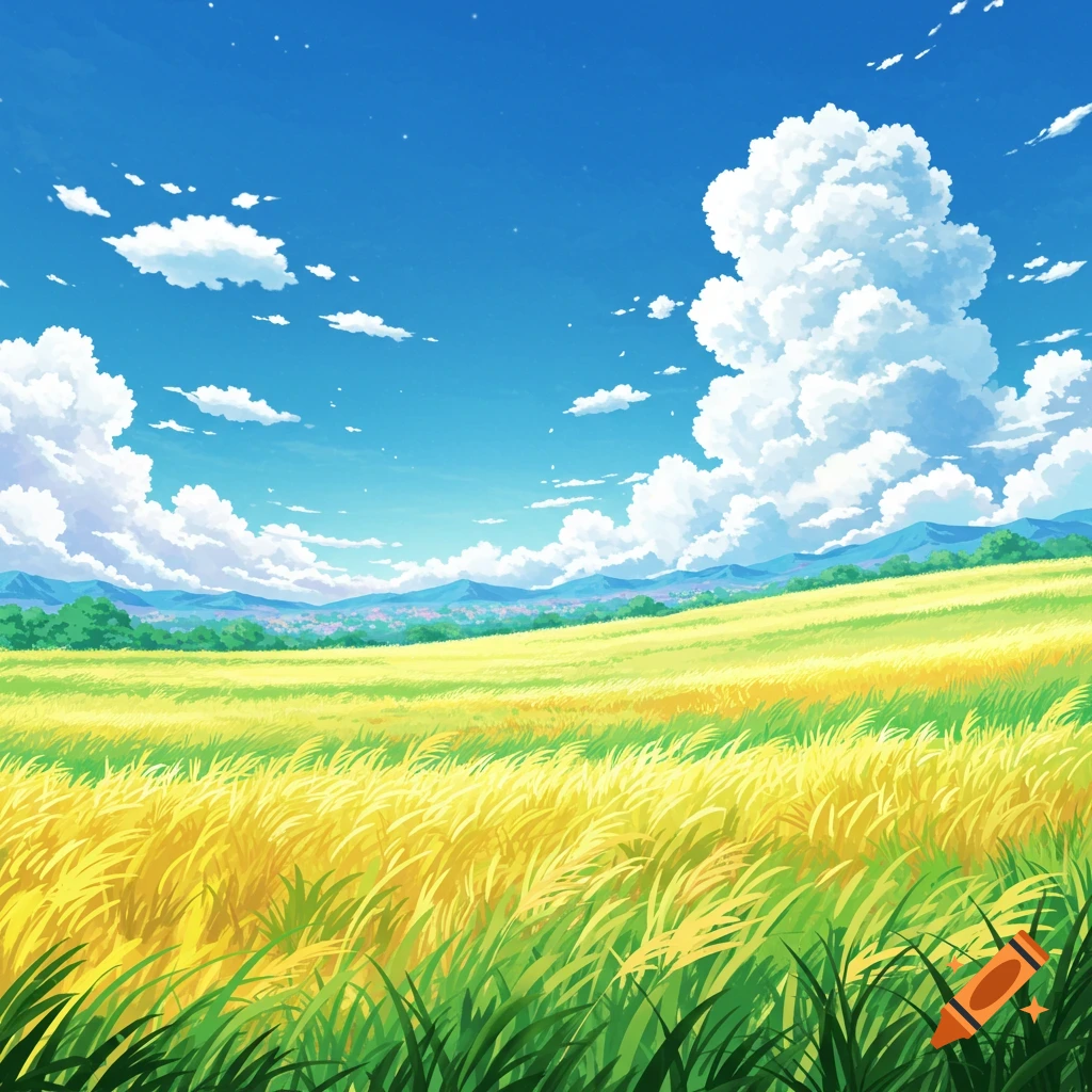 An anime landscape features a vast, golden-green grassy field under a bright blue sky with puffy white clouds and distant mountains.