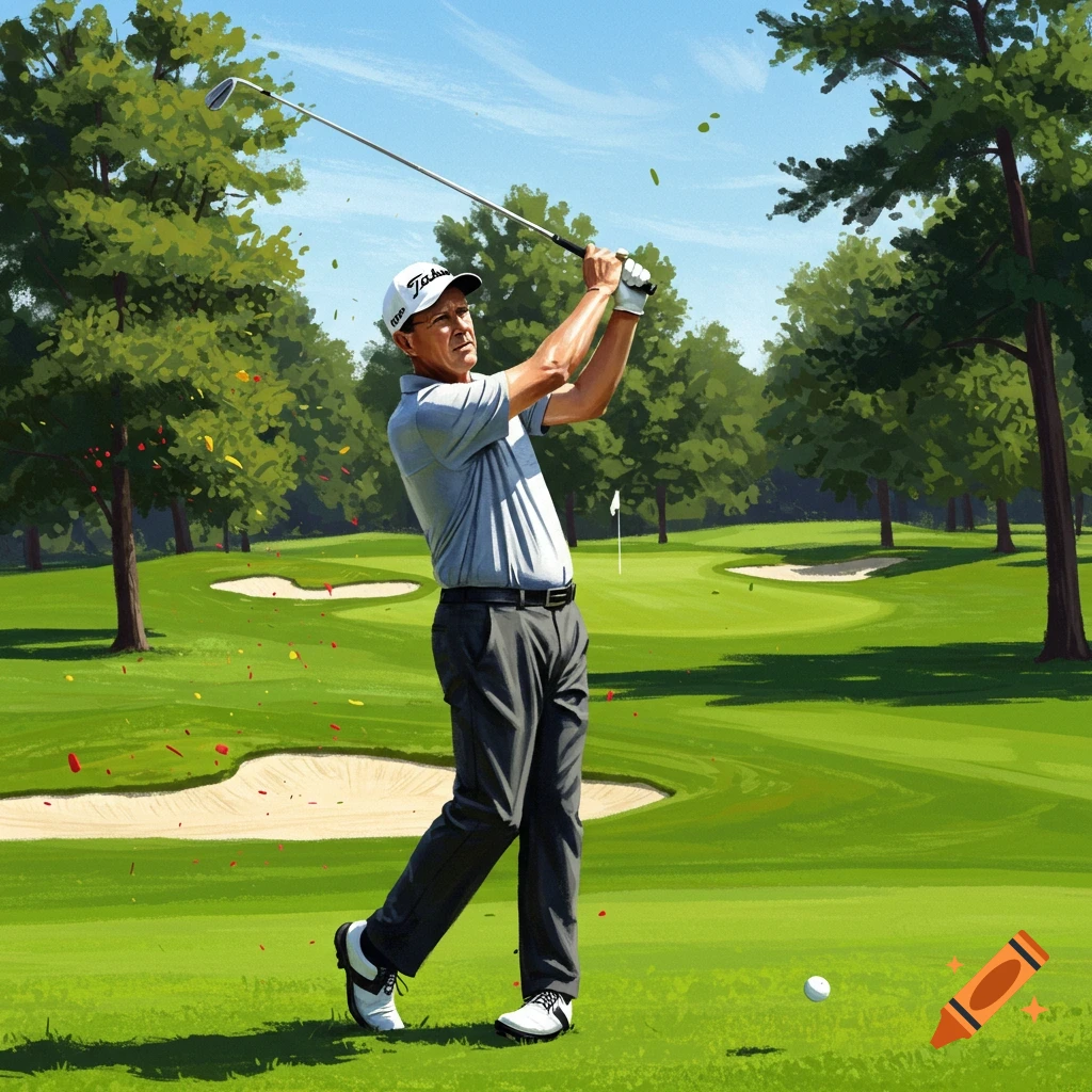A golfer swings a club on a golf course.