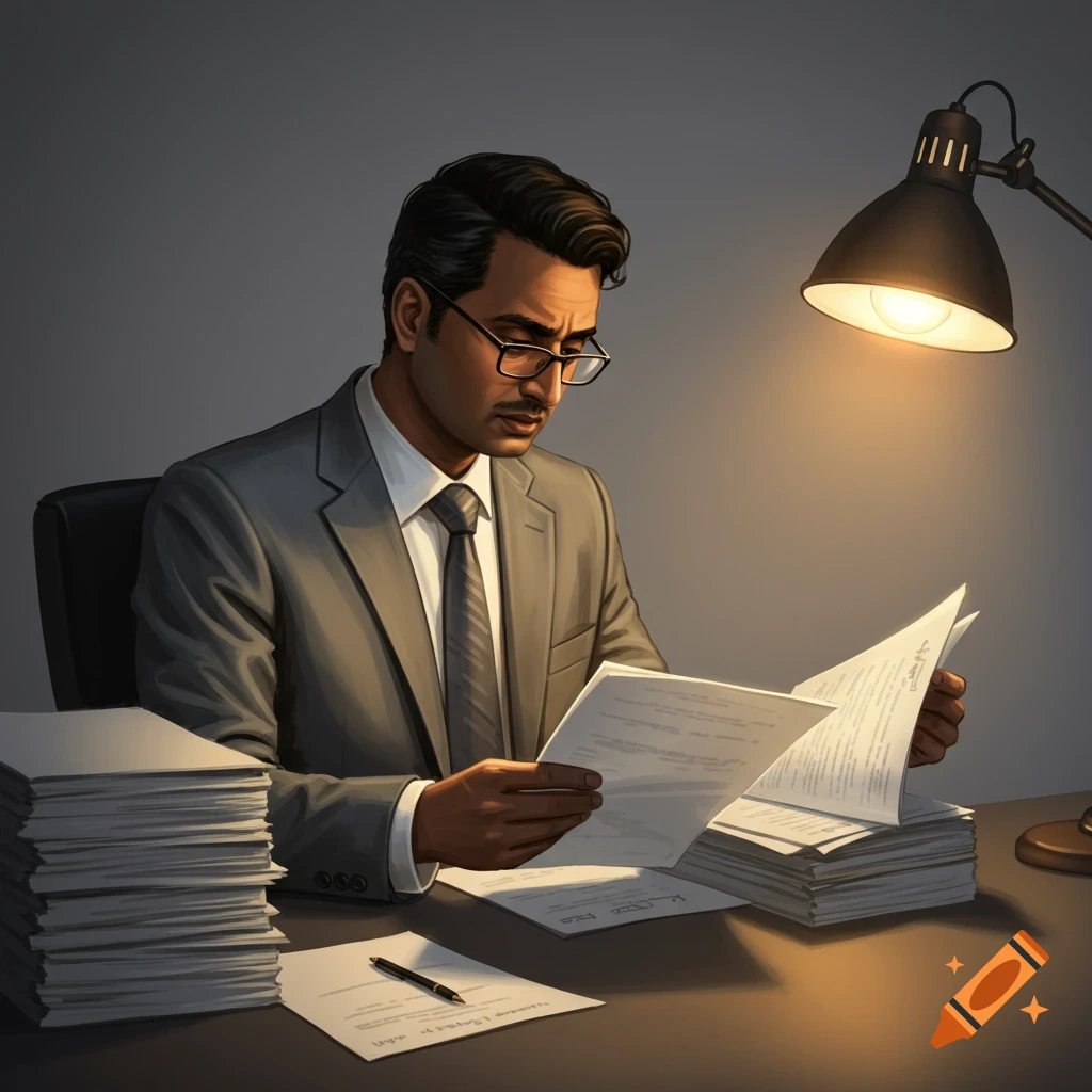 A man in a suit reads documents at a desk under a lamp, with stacks of papers.