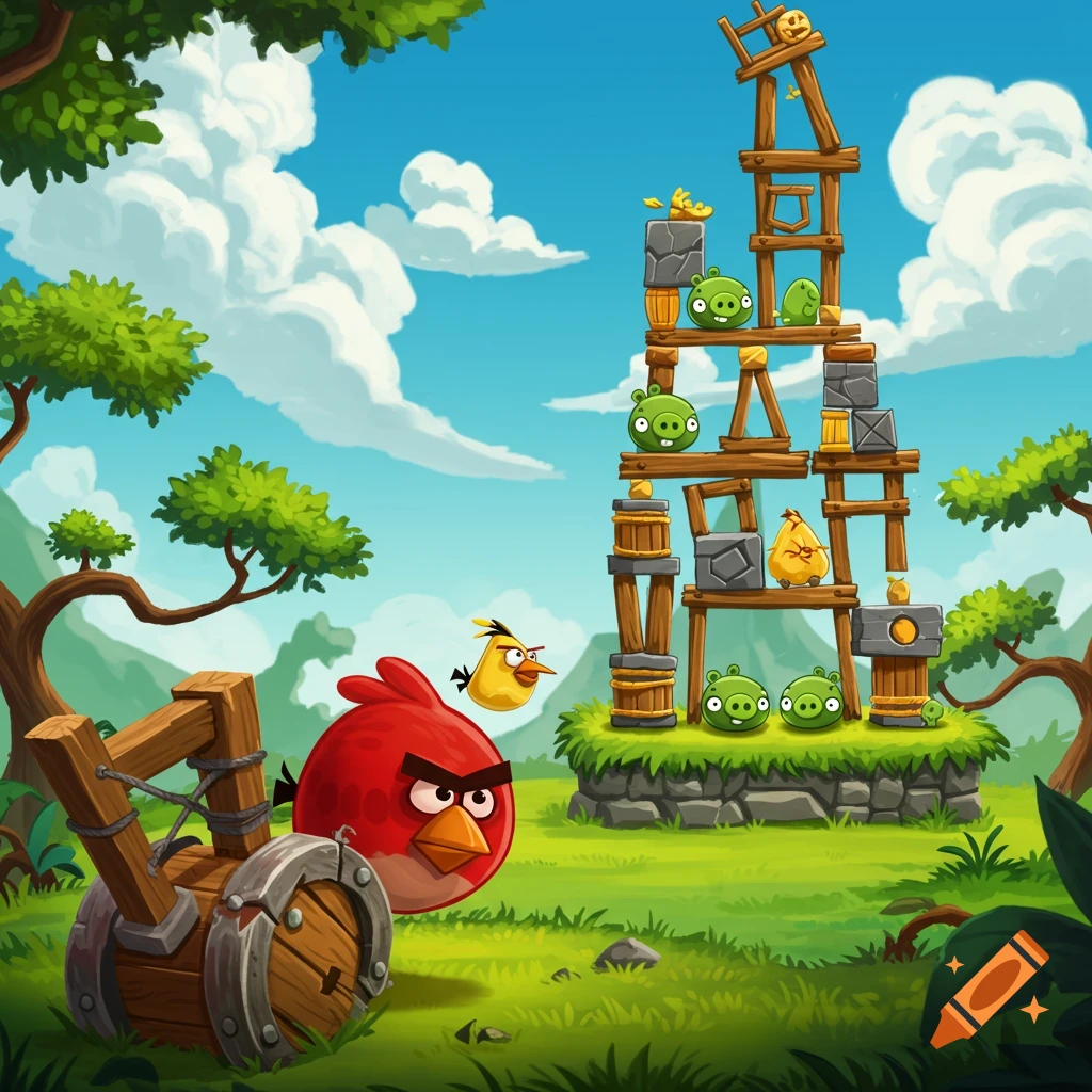 Angry Birds level scene with Red bird, yellow bird, green pigs, and a wooden structure on a grassy hill.