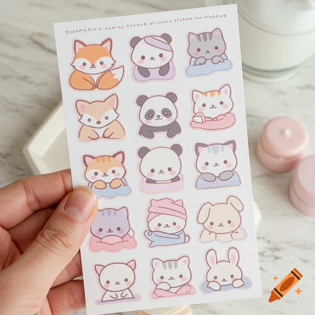 A sheet of kawaii stickers featuring cute foxes, pandas, cats, and bunnies.