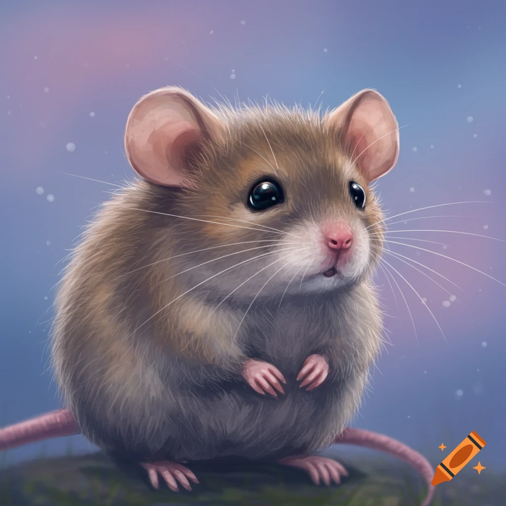 A fluffy brown mouse sitting with a blurry purple and blue sky background.