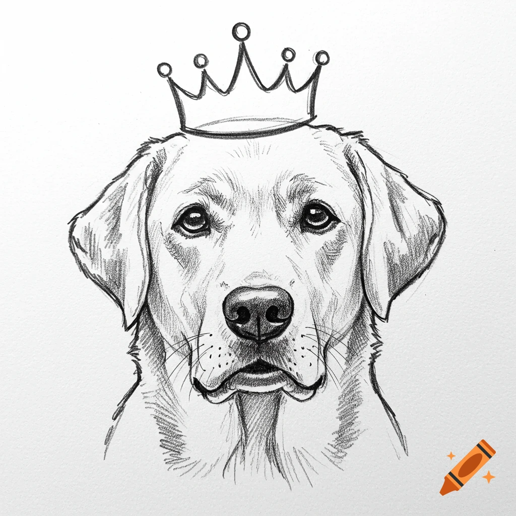 Pencil sketch of a Labrador retriever wearing a crown.