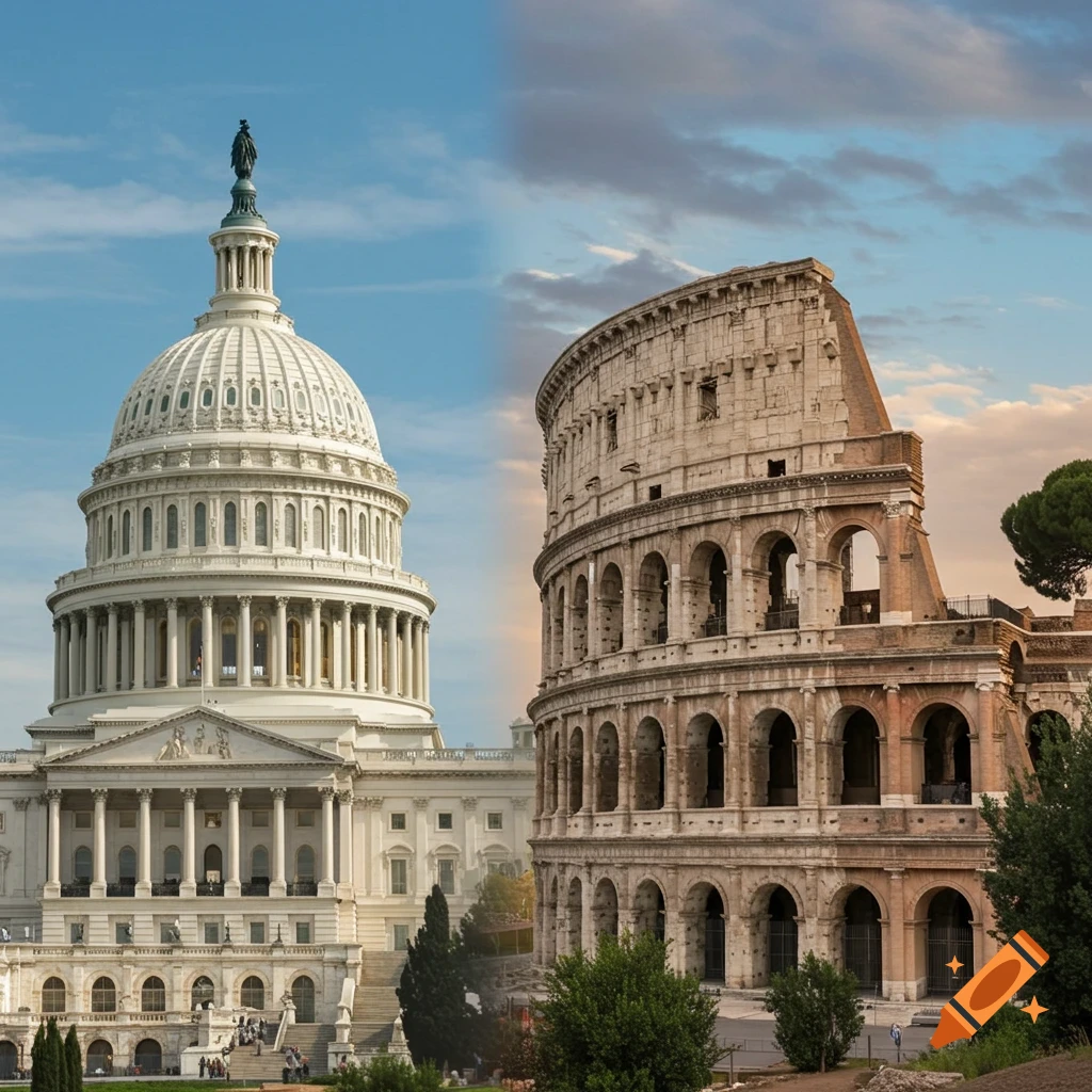 US Capitol Building next to the Colosseum against a cloudy sky.