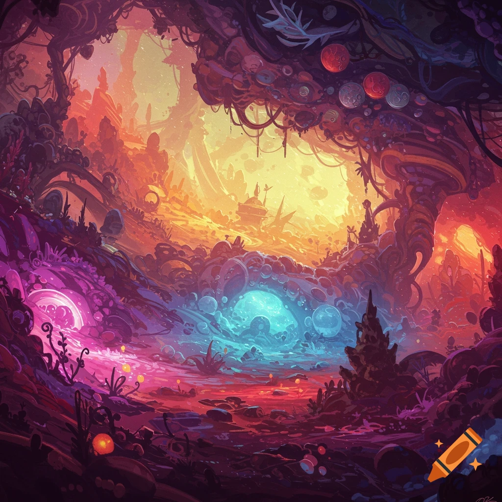 Vibrant, colorful fantasy landscape with glowing elements and alien flora.