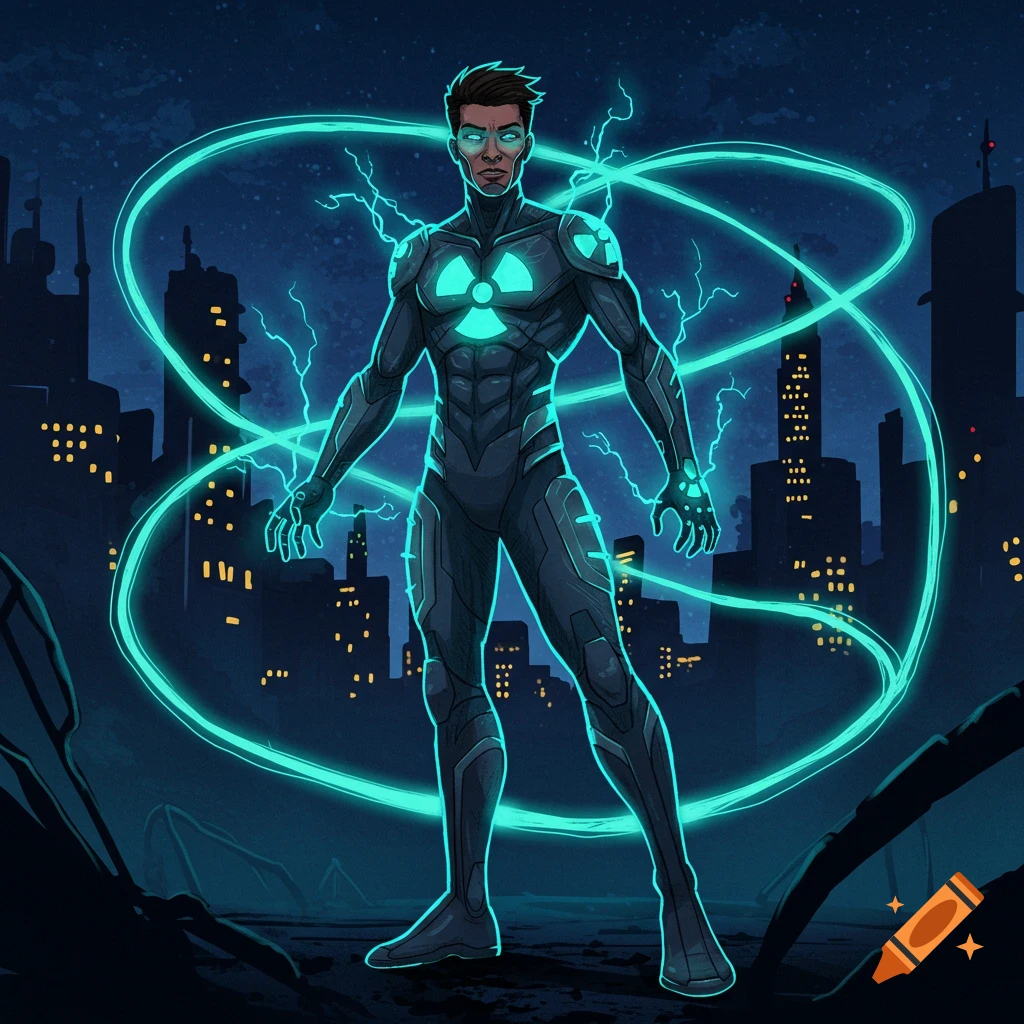 A superhero in a dark suit with glowing turquoise energy and a nuclear symbol on the chest, standing in a city at night.