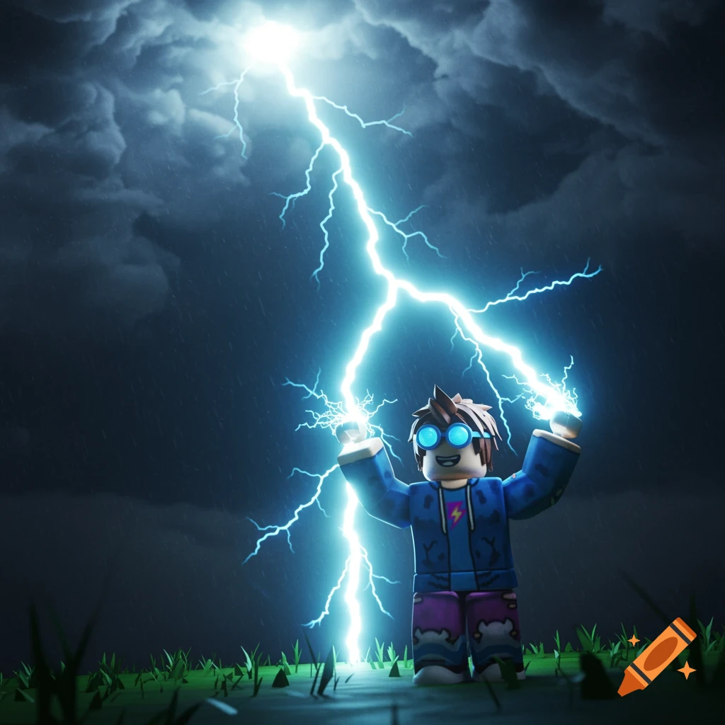 A Roblox character holds bolts of lightning during a storm.