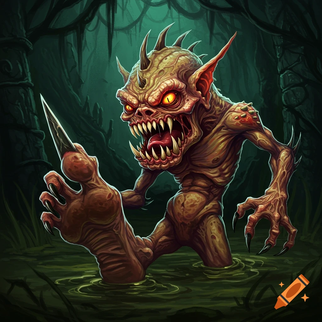 A green-skinned fantasy monster with large claws and horns in a swamp.