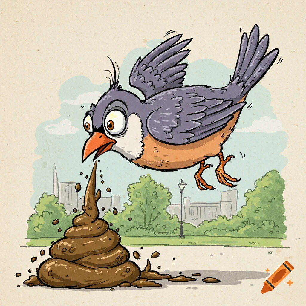 Cartoon bird defecating a large pile of poop in a park.