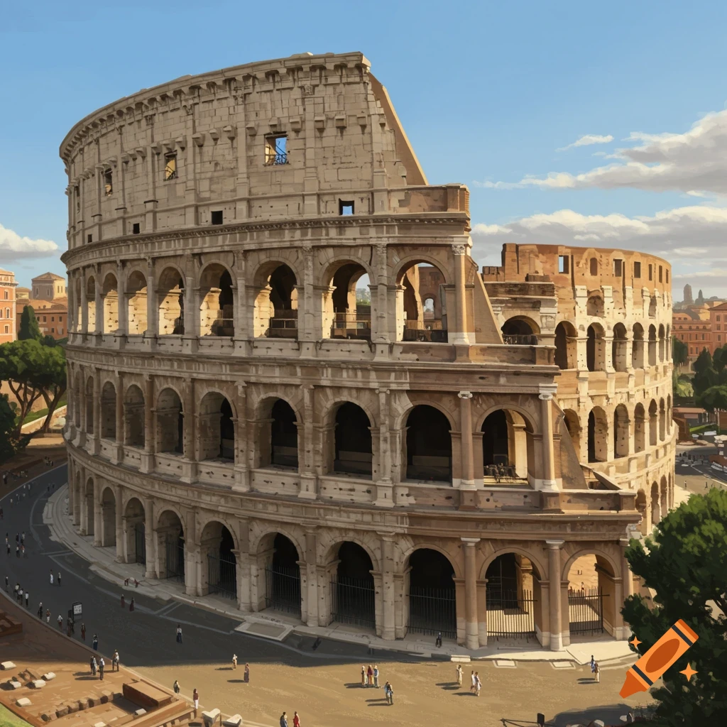 the Roman Colosseum under a sunny sky.