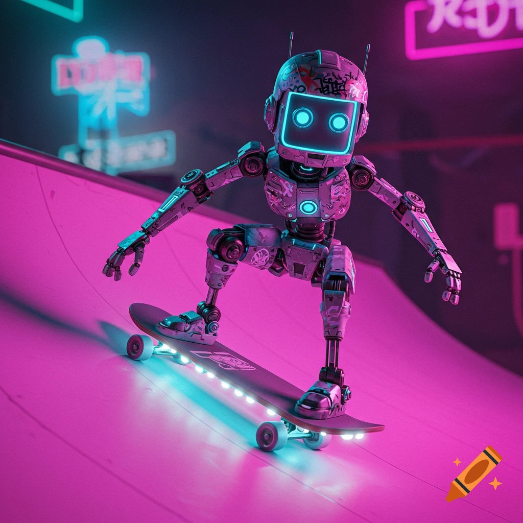A robot rides a skateboard in a neon-lit skate park.