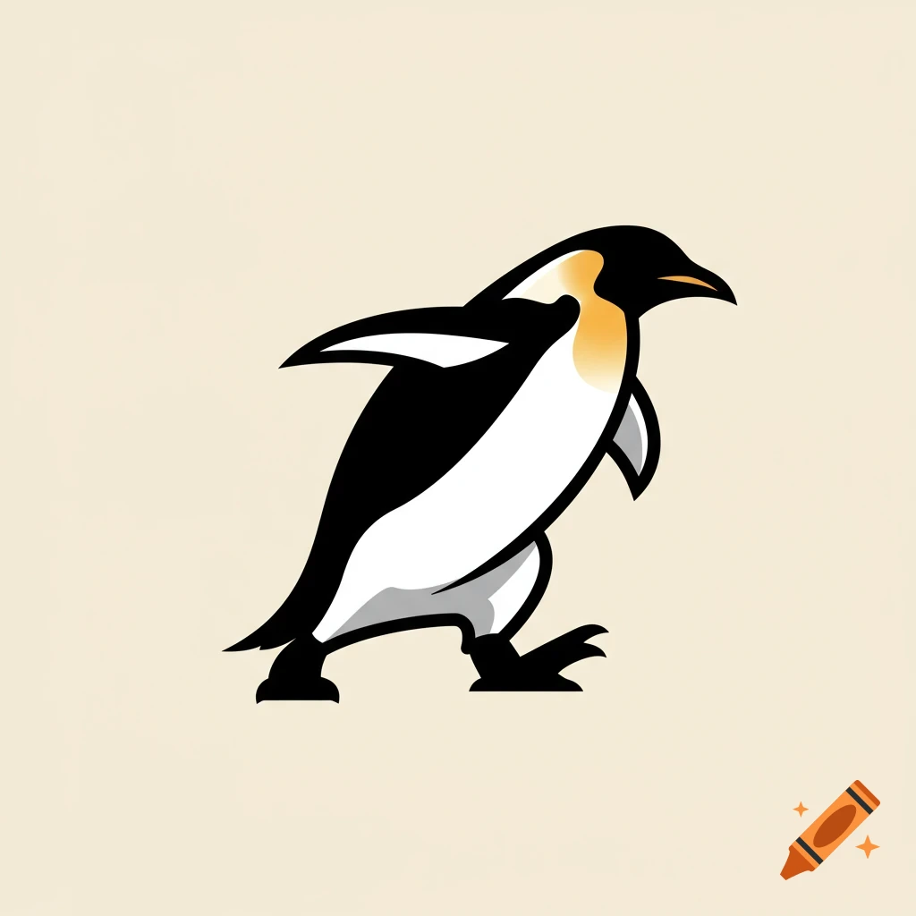 A stylized logo of an emperor penguin walking.