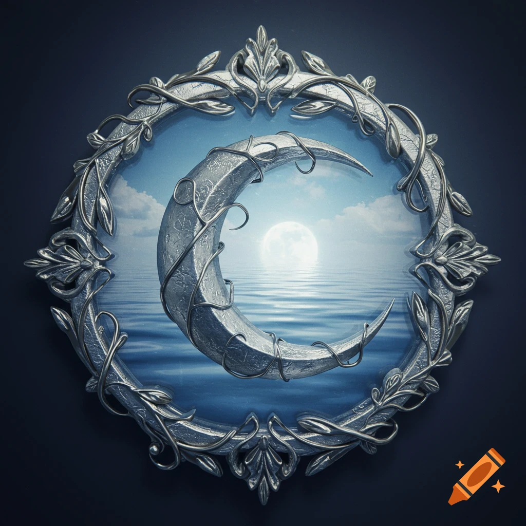 An ornate silver frame surrounds a silver crescent moon wrapped in vines, set against a scene of a full moon over water.