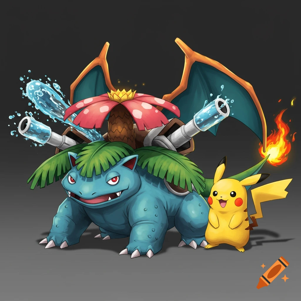 A merged Pokemon creature with Venusaur's body, Charizard's wings and tail, and Blastoise's cannons, standing next to Pikachu.