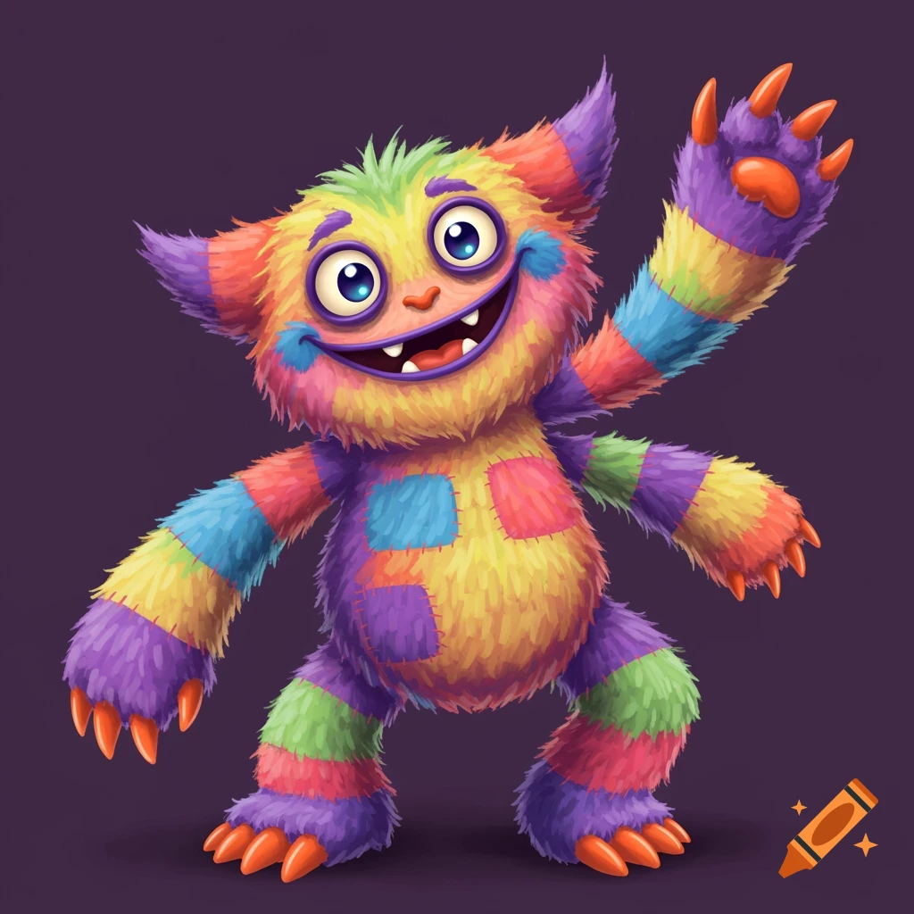 A vibrant, patchwork monster with rainbow fur waves.