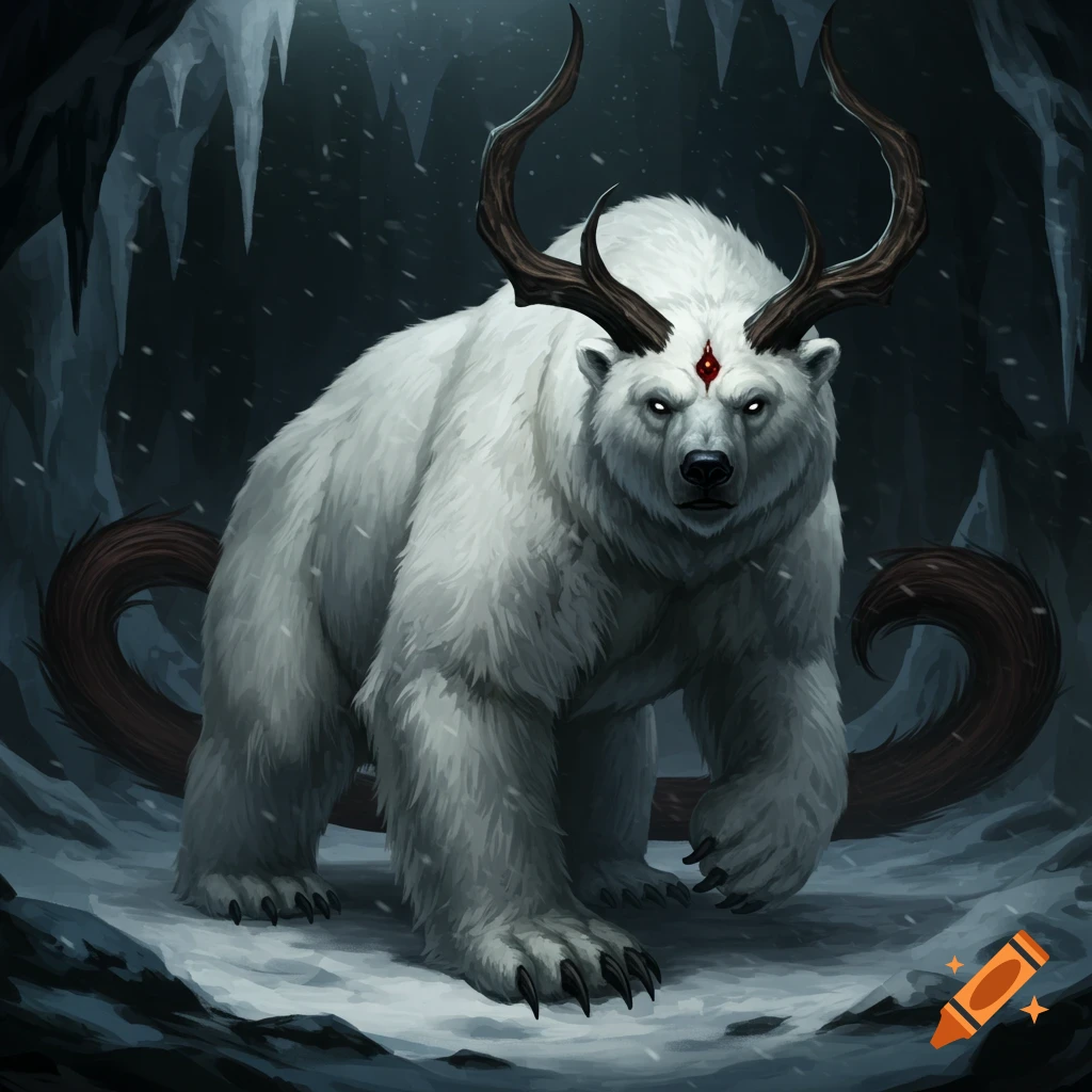 A monstrous polar bear with horns, bigger claws, and a long tail stands in a snowy cave.