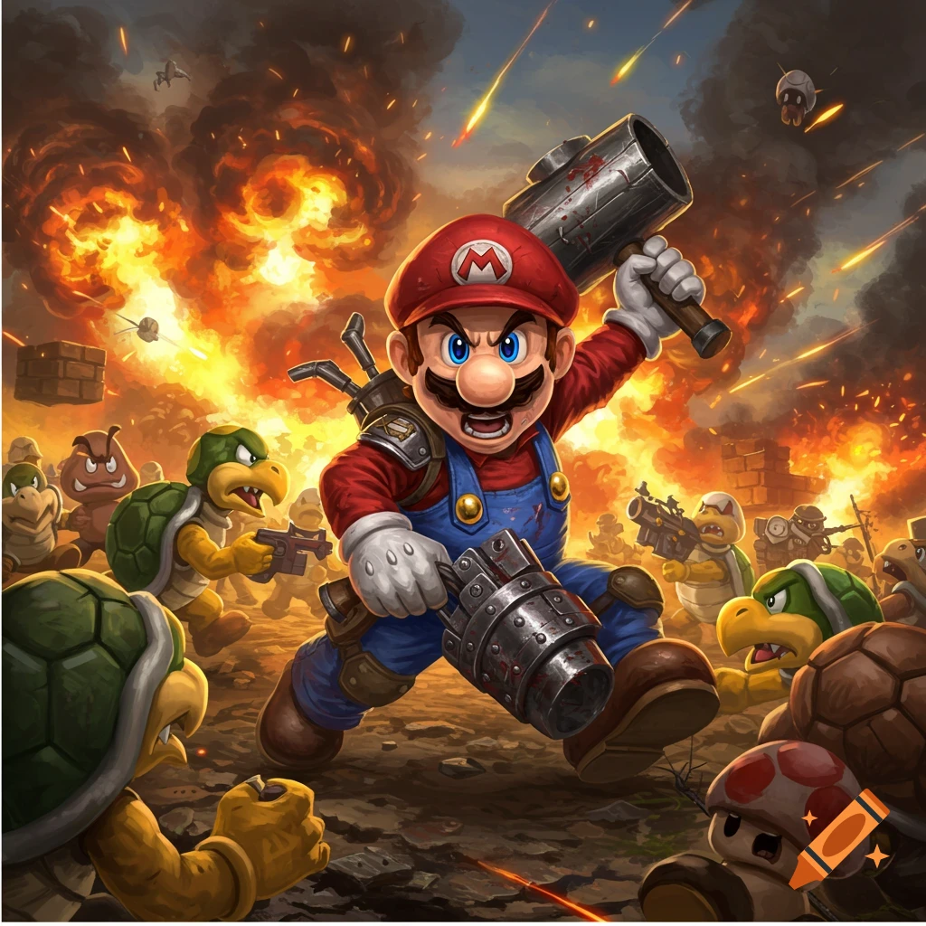 Mario battles Goombas and Koopa Troopas in a fiery warzone, wielding a large hammer.
