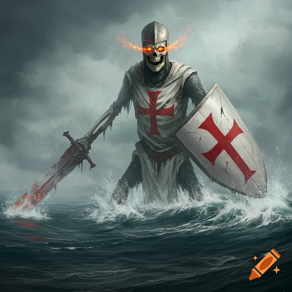 A skeletal knight in Crusader armor with fiery eyes rises from the ocean waves, holding a sword and shield.