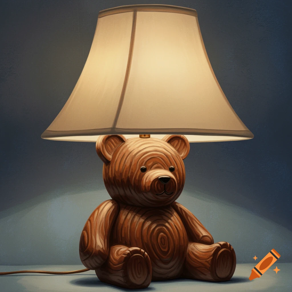 A wooden teddy bear lamp with a cream shade against a blue background.