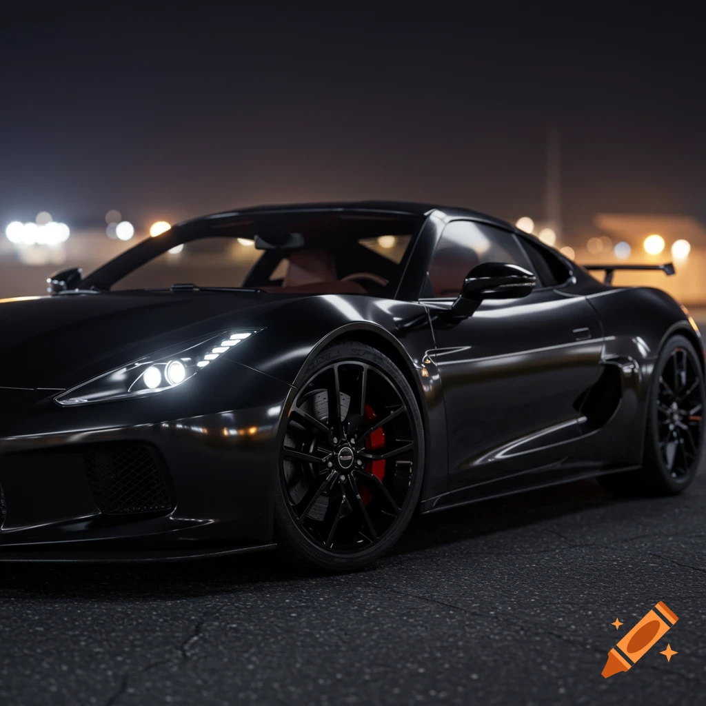 A sleek black sports car is parked on a street at night.