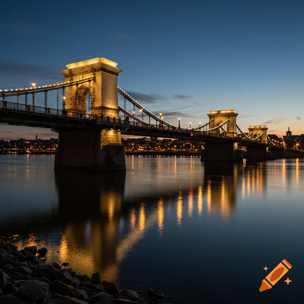 An illuminated suspension bridge spans a river at night, with a lit city skyline in the background.