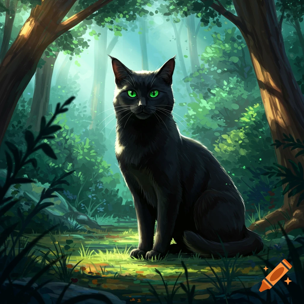 A black cat with glowing green eyes sits in a sunlit forest.