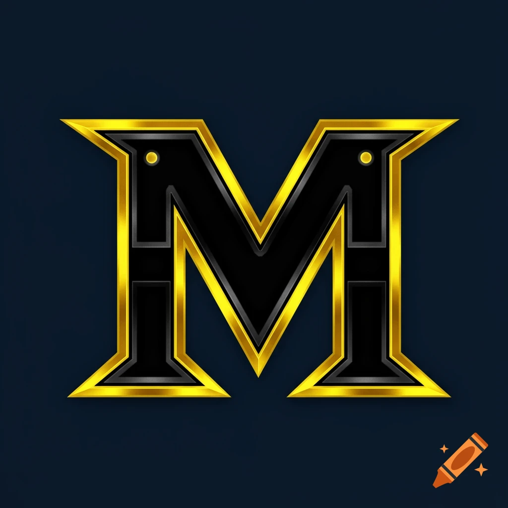 A stylized black letter M with bright gold outlines.