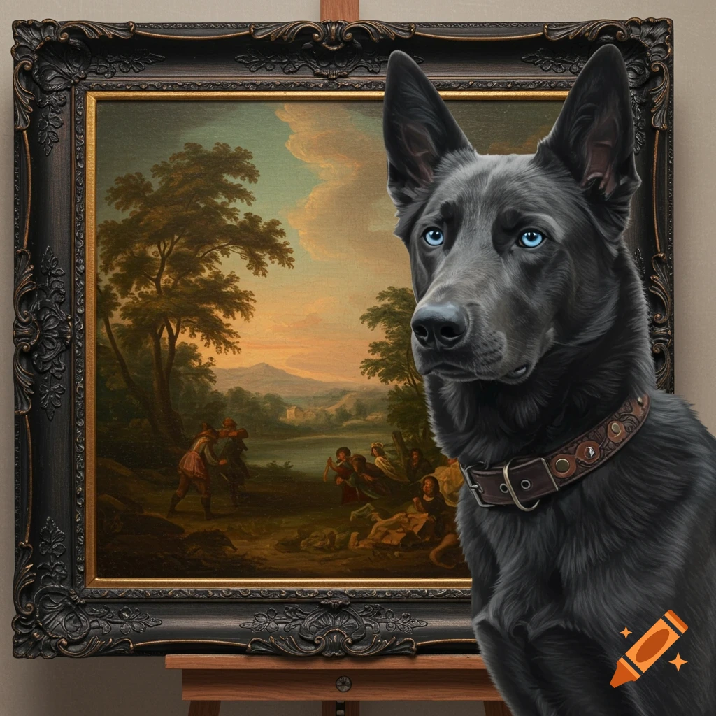 A black dog with blue eyes sits beside a landscape painting on an easel.