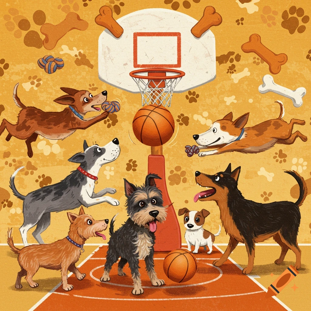 Cartoon dogs playing basketball on a court with a hoop and a background of paw prints and bones.