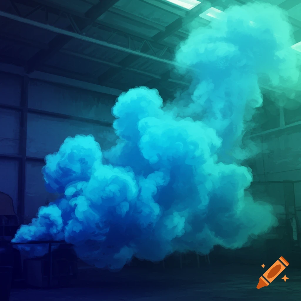A large plume of blue and teal smoke filling an industrial warehouse interior.