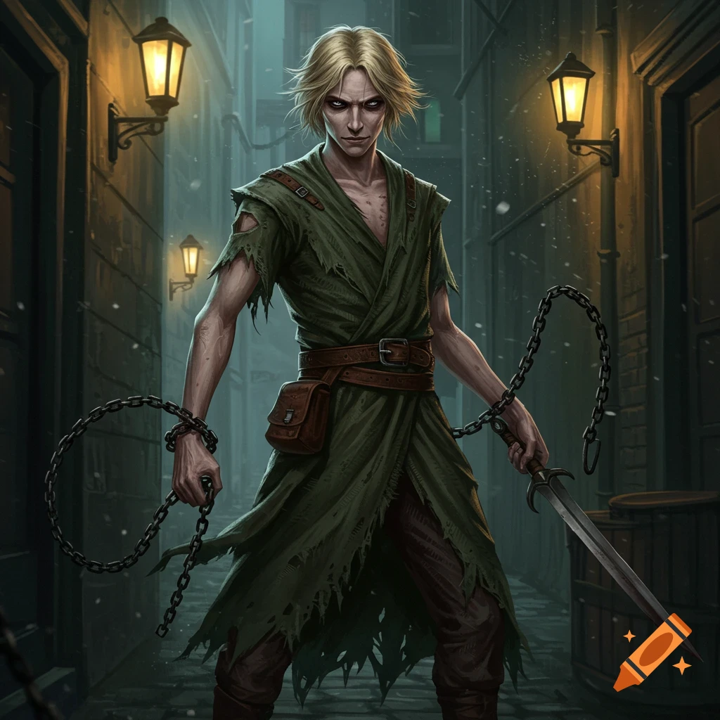 A blonde man in green rags holds chains and a sword in a dark alleyway.
