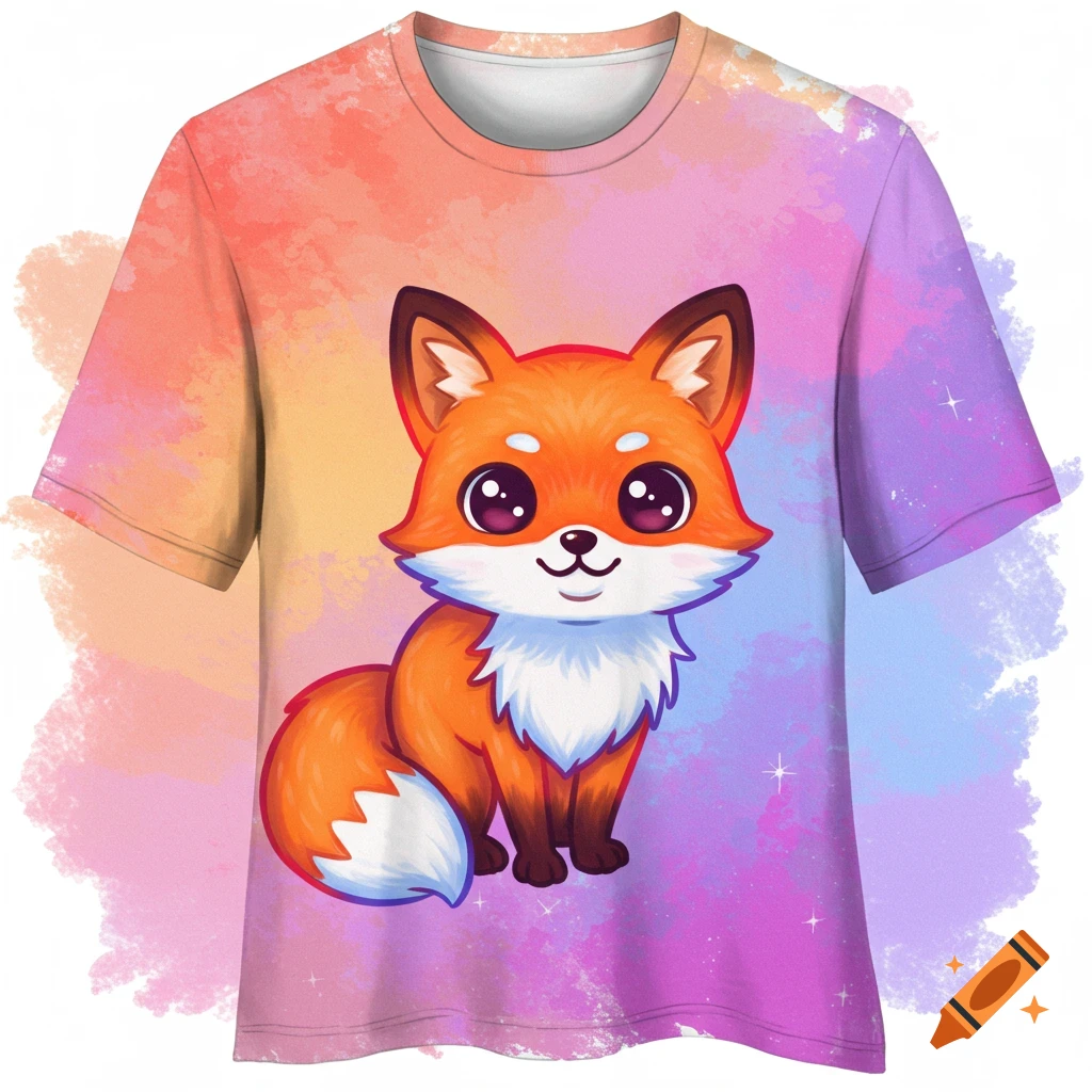 A cute cartoon fox sitting on a t-shirt with a vibrant watercolor background.