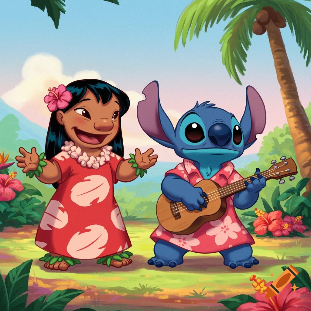 Lilo and Stitch in Hawaiian clothes in a tropical setting, Stitch plays ukulele.
